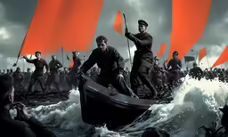 a couple of men riding on top of a boat in a sea