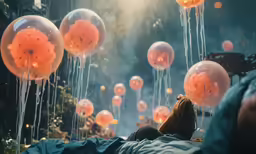 a person lying in the shade of a lot of jellyfish