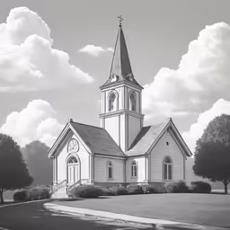 a black and white photo of a small church