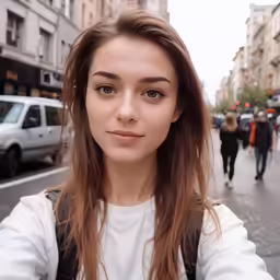 a young girl is looking at the camera while standing outside on a busy street