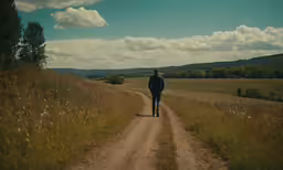 a man standing on a dirt road in a field