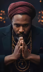 a man in a turban prays in front of the camera