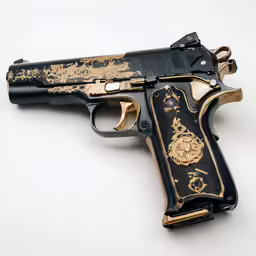 antique black and gold painted colt pistol on a white surface