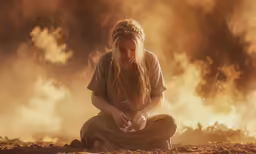 the biblical woman sits in front of a large, dark forest