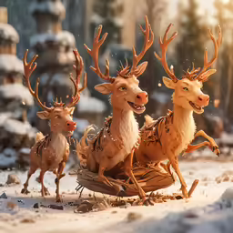 a herd of deer are on the sleigh during the winter