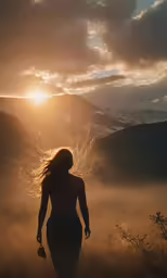 a woman is walking in the sunset towards some mountains