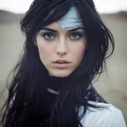 the woman is wearing a white shirt and blue eyes