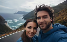 a man taking a selfie with his girl, overlooking the ocean