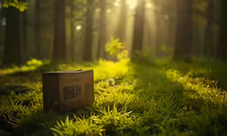 a box sitting in the middle of a forest