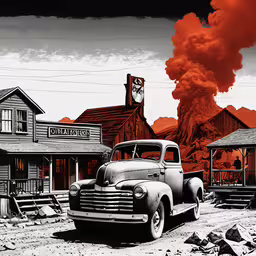 old truck parked in front of gas station with red smoke billowing out from the sky,an old, antique, black and white photograph shows a building and several old trucks