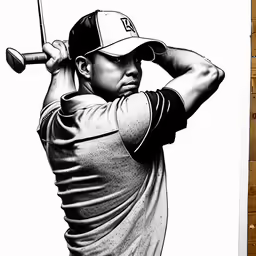 drawing of a professional golf player in action, his tee swing in view with a brick wall behind him