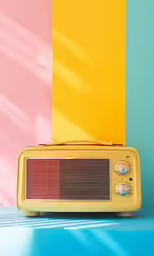 a yellow retro radio on top of a blue and yellow table