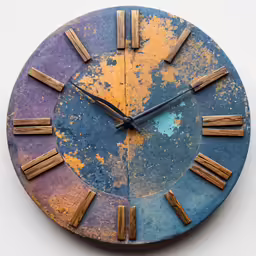 the clock is blue with yellow and black spots
