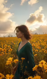 a woman is standing in a field full of flowers