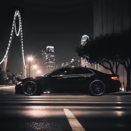 a black car is driving by a city at night