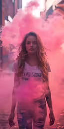 a woman in white shirt and pink smoke,a young lady walking through pink smoke