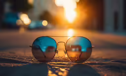 a pair of blue lens sunglasses on the street