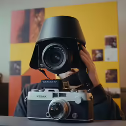 a person in a black top taking a picture with a camera
