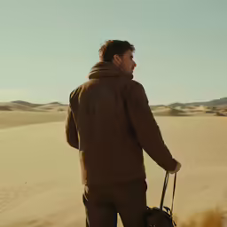 a man walking in the desert carrying a bag