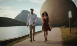 a man and woman walking next to a river