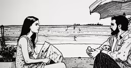 a drawing of a man with an umbrella is talking to his girlfriend,a man and a woman in conversation in front of the beach