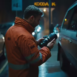 a man looking into his camera in the rain