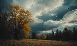 some birds in the distance flying through a cloudy sky