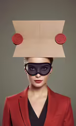 a girl wearing a red blazer and sunglasses with button eyes is looking at the camera
