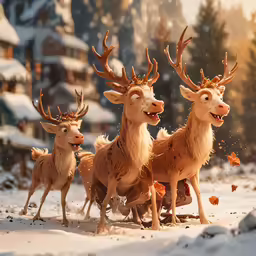four deer are all out in the snow with their antlers