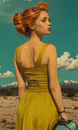 a woman in yellow holding a green suitcase