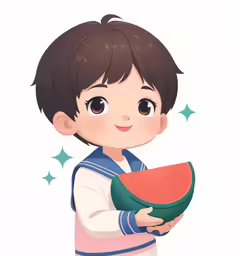 a young boy is holding up a piece of watermelon