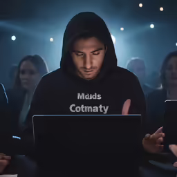 man wearing hoodie sitting in front of a laptop computer in front of people looking at them