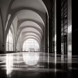 black and white photograph of an empty building with lots of windows