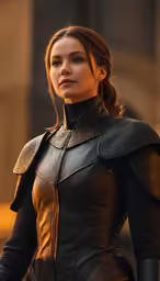 a female in a black outfit with gold accents