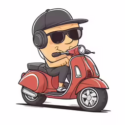 a drawing of a person wearing headphones riding a red scooter
