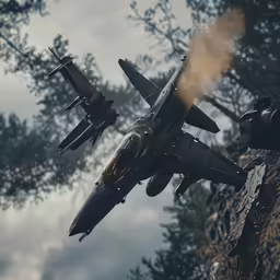 two military jets are flying over the woods