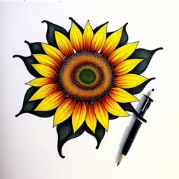 a large yellow sunflower with a green center,this drawing is of a sunflower