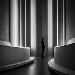 a man in black is standing by some columns