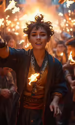 an oriental woman with dark hair and light up hair holding torches