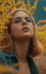 young red - haired woman in round glasses looking up while holding yellow flowers