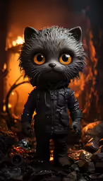 a racoon wearing a black leather coat standing in front of a blazing background
