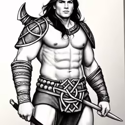 the sketch of a male character in warrior armor with a horned sword