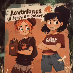 an old sign with two women holding things