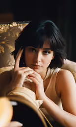 a woman is sitting on a sofa posing