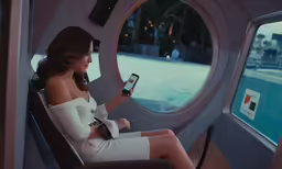 a woman sitting in a seat with her phone in hand