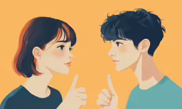 a couple looking at each other with the finger pointing