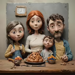 three people are posed in front of a cake and a couple of other doll