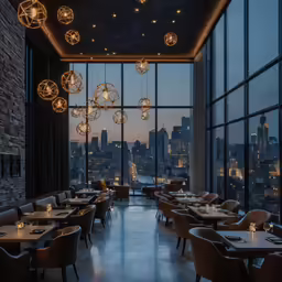a dining room with a view of the city lights