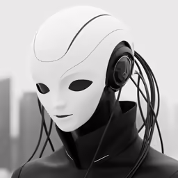 a headdress model with a white mask and headphones