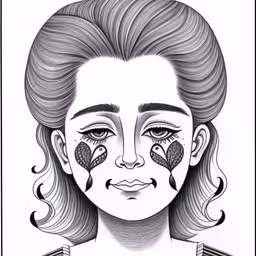 a drawing of a girl with black hair and eyeliners,an art nouveau print of a woman with decorative butterflies on her nose,a black and white drawing of a girl with faces, birds and leaves,a woman with bird feathers on her eyes,the face of a woman with the design on her upper half